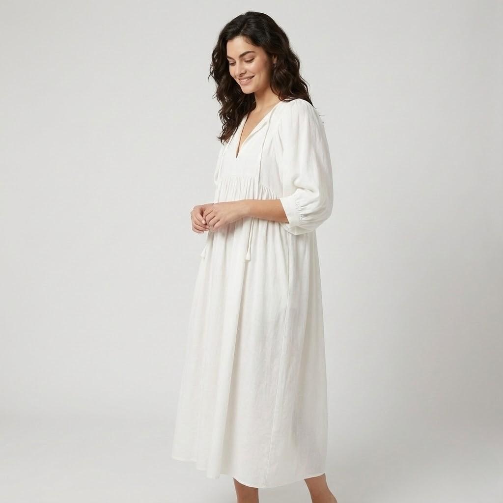 Vestido midi leve de inspiração natural | Corte império | Elegância descontraída