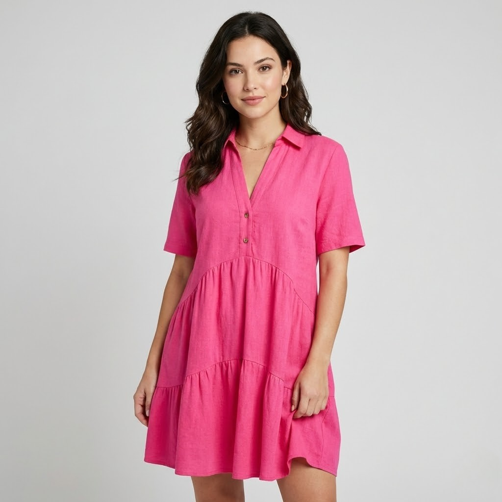 Vestido curto fluido em tecido leve | Corte solto | Design em camadas com botões