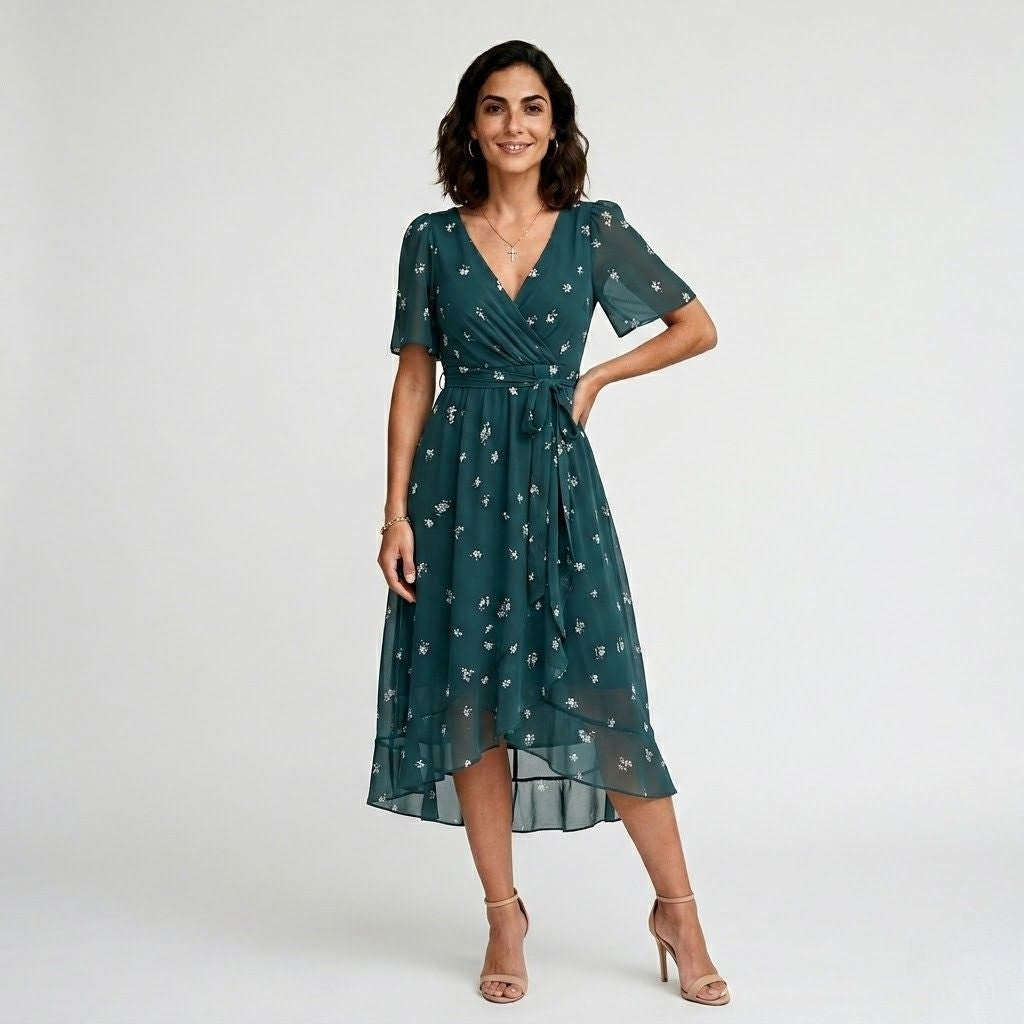 Vestido Midi Fluido com Decote Cruzado e Manga Leve