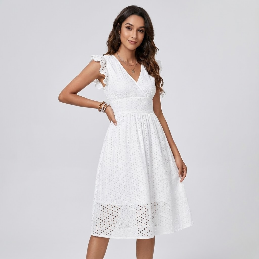 Vestido midi de verão em algodão bordado | Cintura definida | Leveza natural