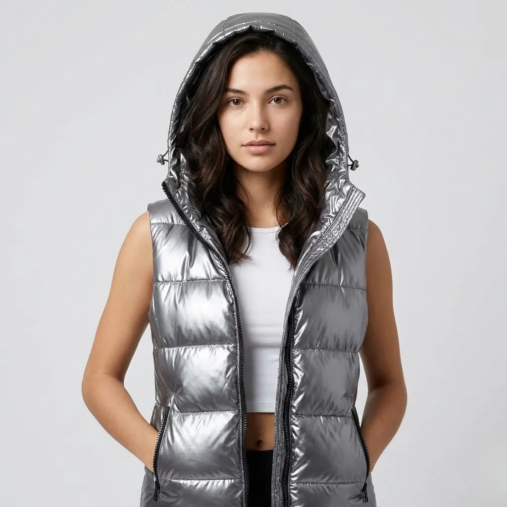 Atitude urbana com acabamento brilhante | Colete acolchoado com capuz | Estilo moderno de inverno