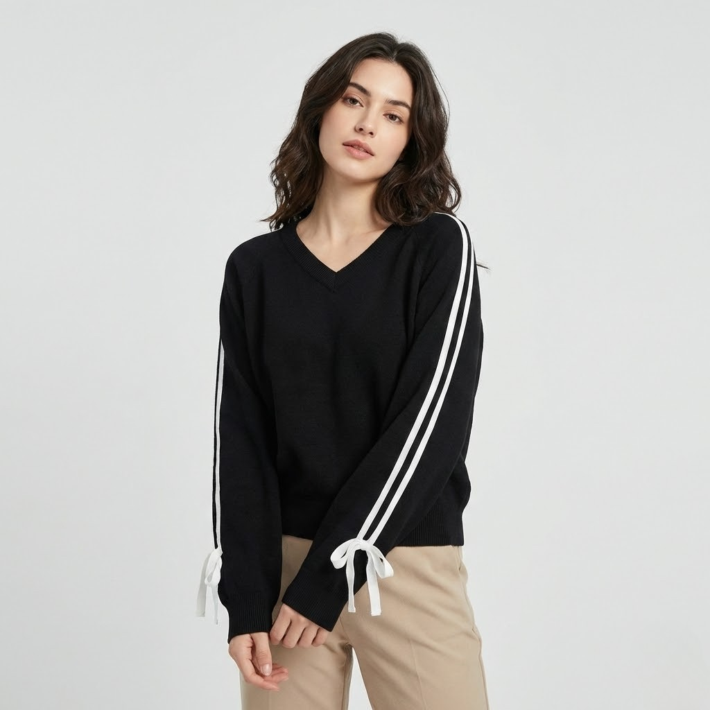 Camisola em malha suave com decote em V | Corte descontraído | Detalhe contrastante nas mangas