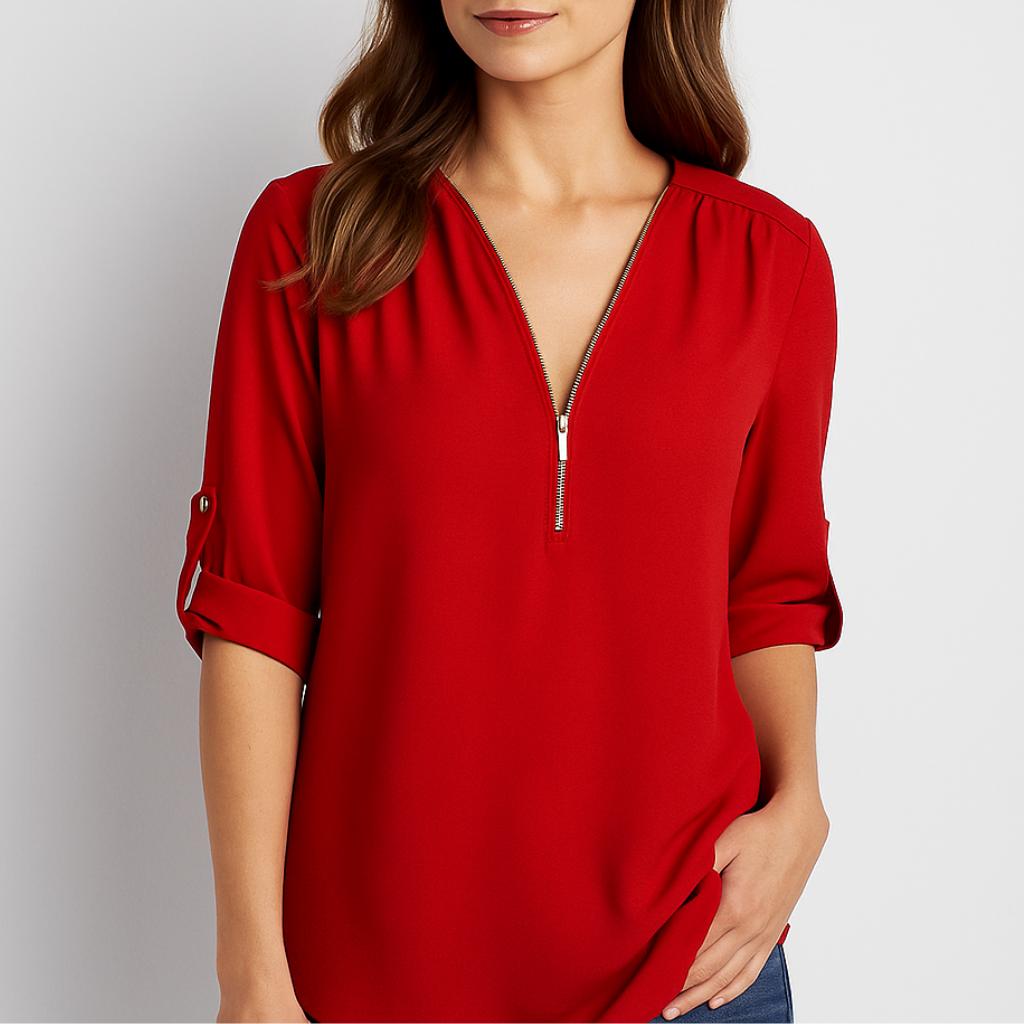 Blusa feminina fluida com decote em V e mangas dobradas