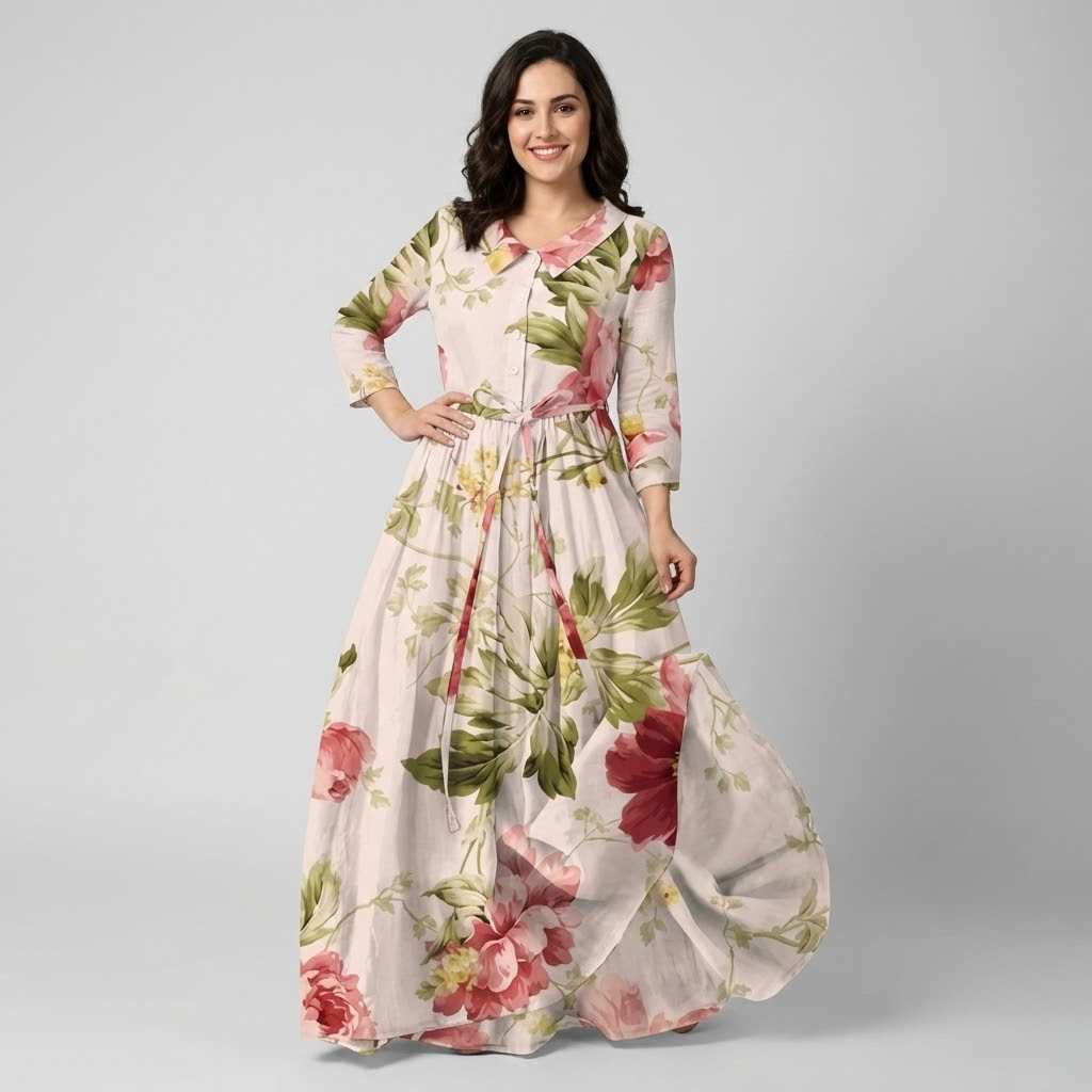 Vestido midi floral em linho | Cintura ajustada | Elegância intemporal