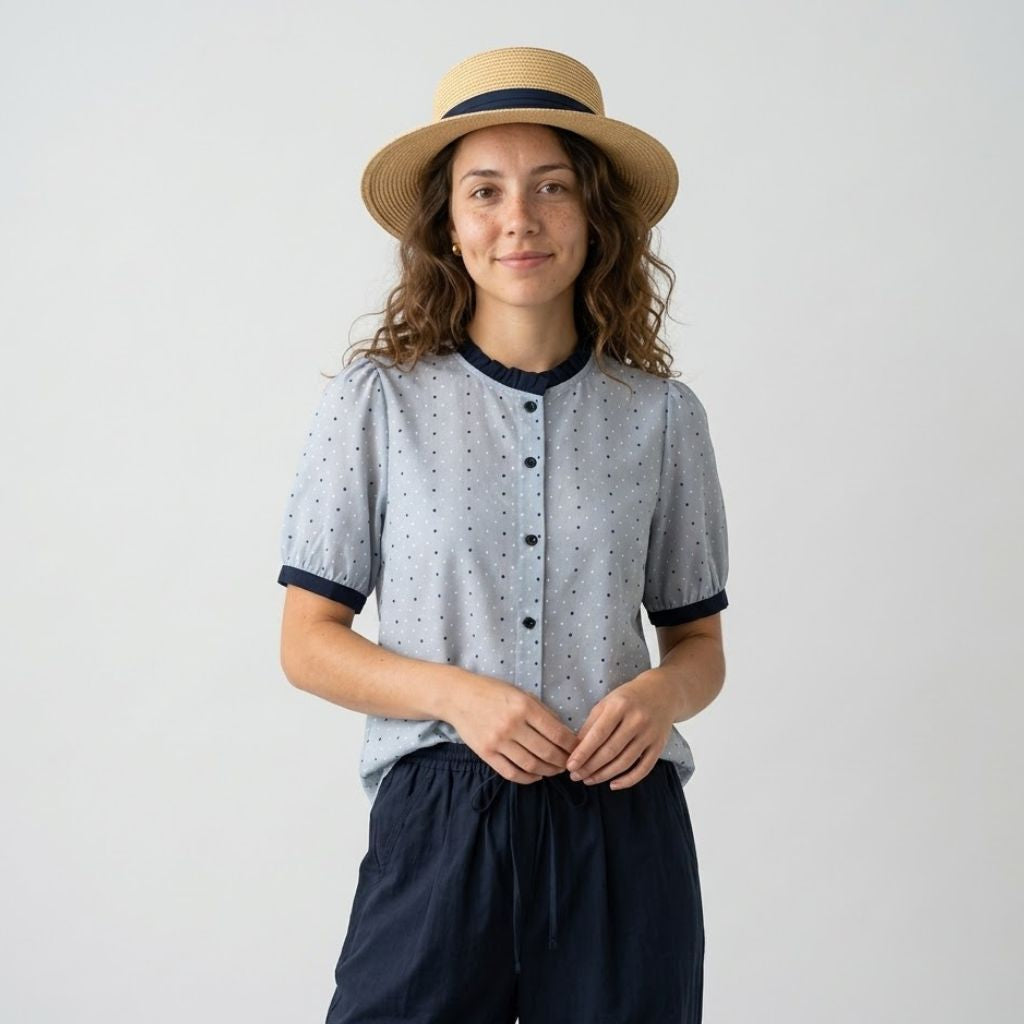 Blusa Leve com Gola Contrastante e Detalhe Perfurado Elegante