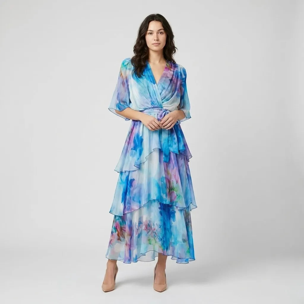 Vestido Midi em Camadas | Estampado Floral | Chiffon