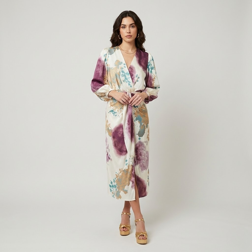 Vestido midi acetinado de inspiração artística | Corte envelope | Cintura ajustável elegante