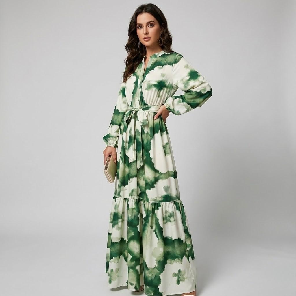 Vestido longo fluido em mistura de viscose | Corte evasé | Estampado artístico