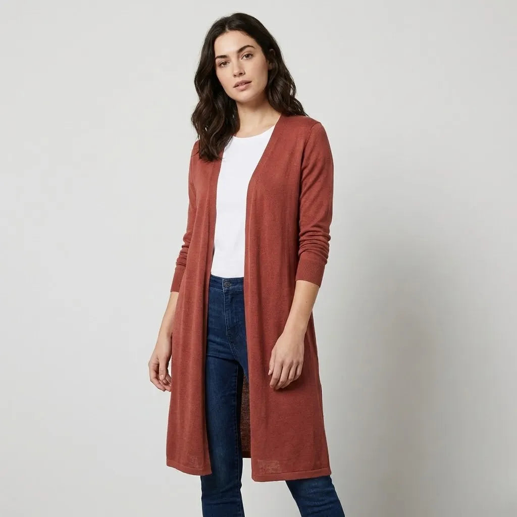 Casaco cardigan leve em malha fluida | Corte alongado | Elegância descontraída