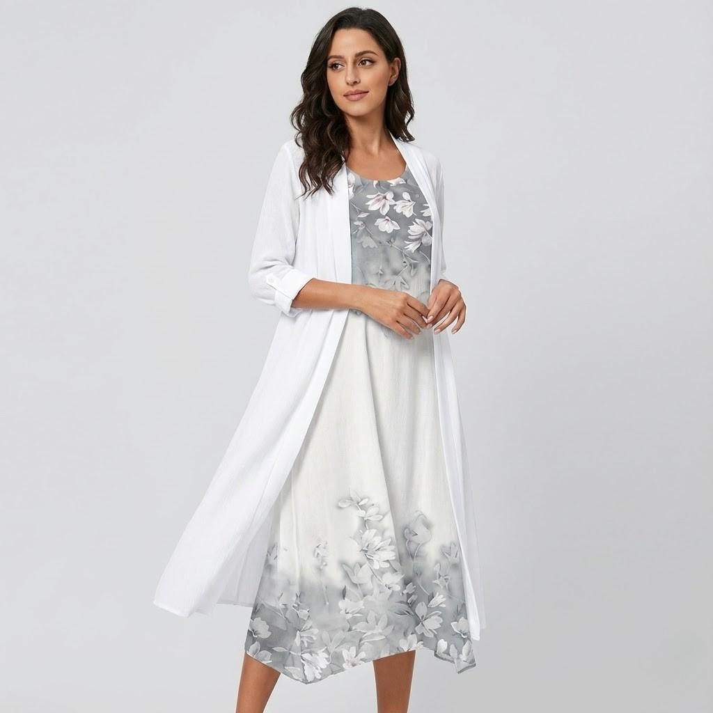 Vestido midi elegante com aplicação floral | Corte fluido | Sofisticação intemporal