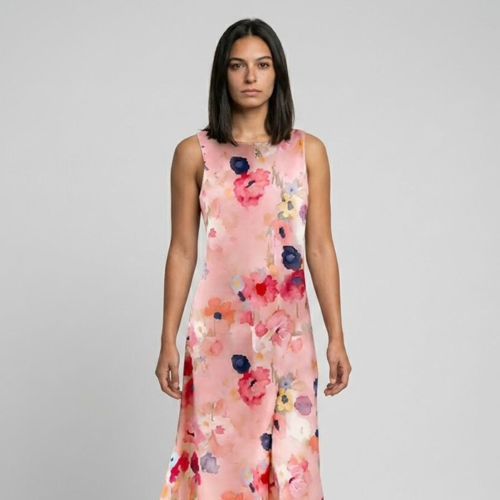 Vestido Midi Fluido Sem Mangas com Estampa Floral Elegante