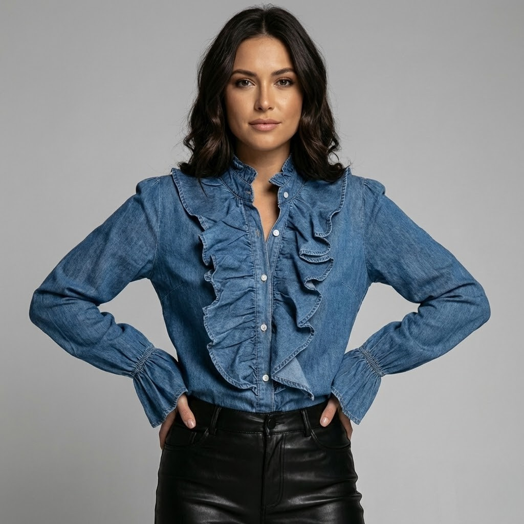 Blusa elegante em chiffon fluido | Corte feminino | Detalhe de folhos