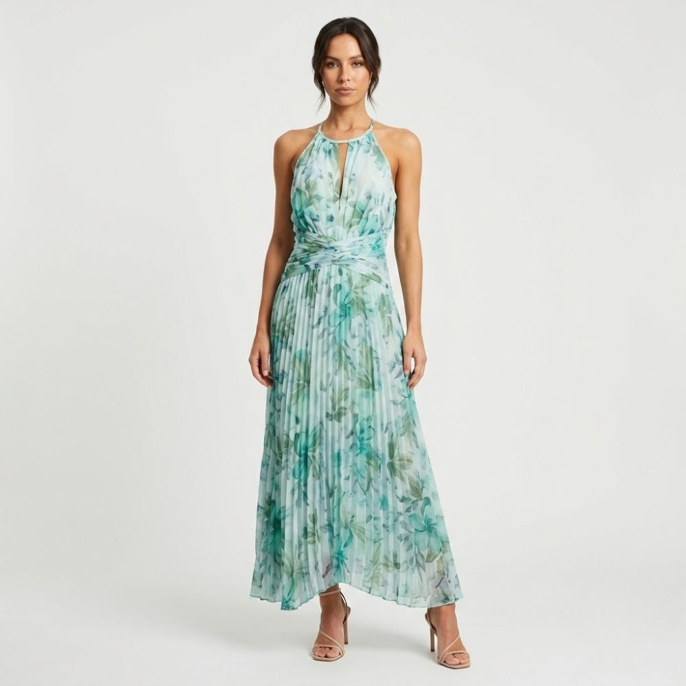 Vestido midi fluido em mistura de viscose | Cintura subida | Estampado floral elegante