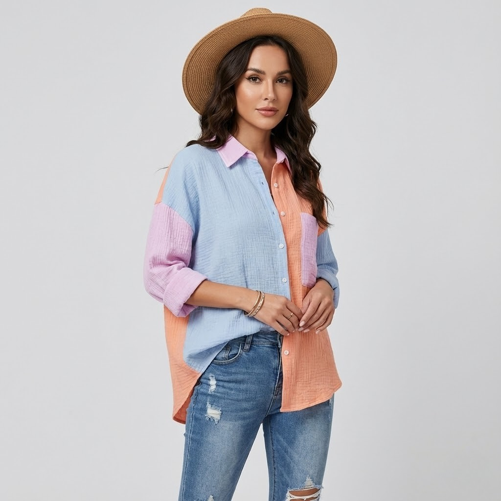 Blusa patchwork em mistura de algodão | Corte fluido | Estilo descontraído