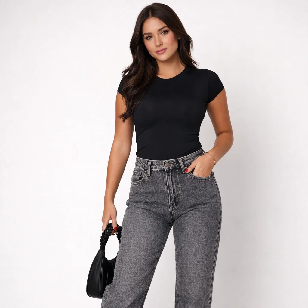 Calças de ganga de cintura subida em algodão | Perna reta | Essencial urbano