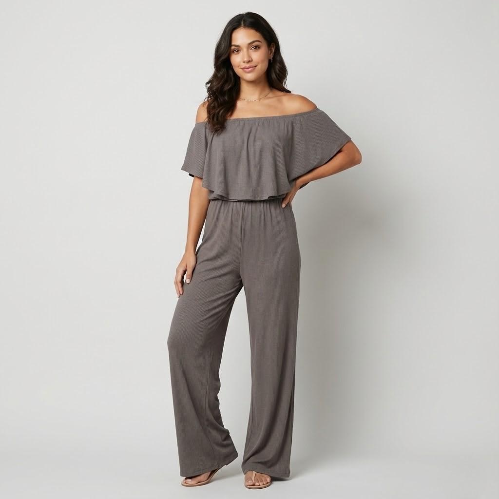 Macacão fluido off-shoulder em mistura leve | Corte solto | Elegância descontraída