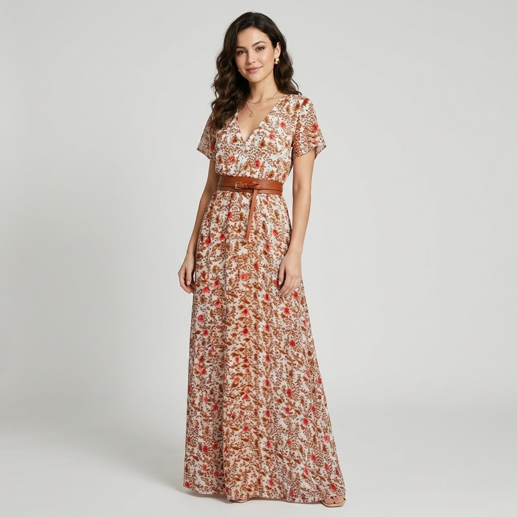 Vestido longo fluido em tecido leve | Corte cintado | Racha lateral elegante