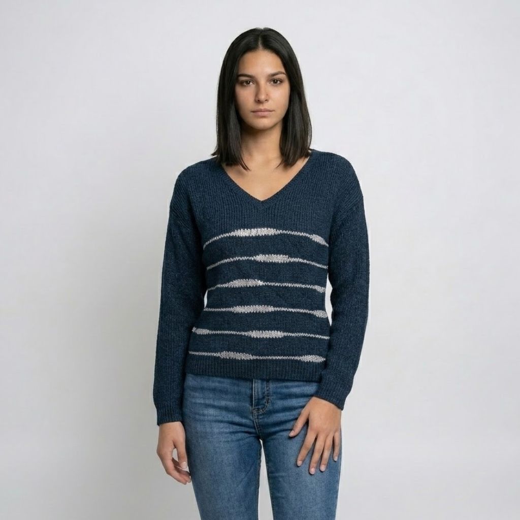 Camisola de Malha com Decote em V e Efeito Afinador Elegante