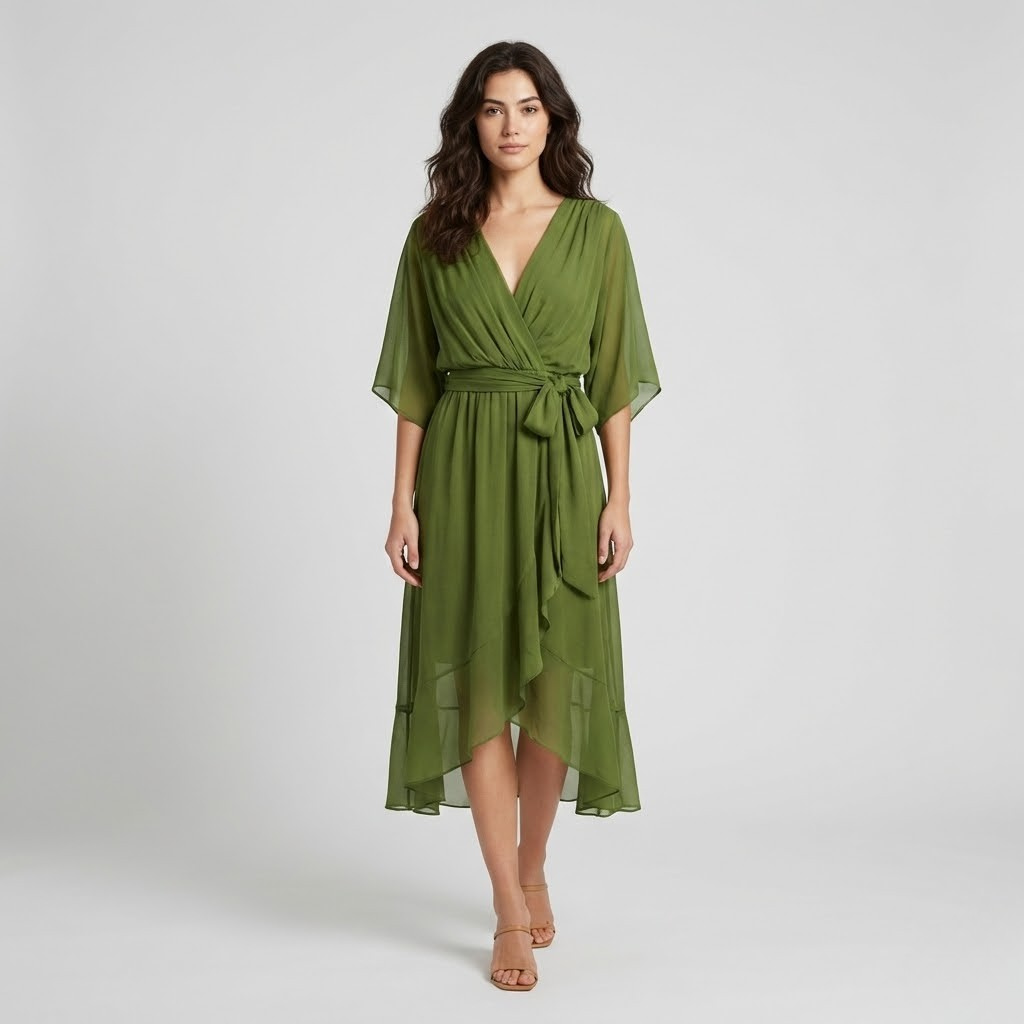 Vestido midi fluido em mistura de viscose | Corte envolvente | Cintura com laço ajustável