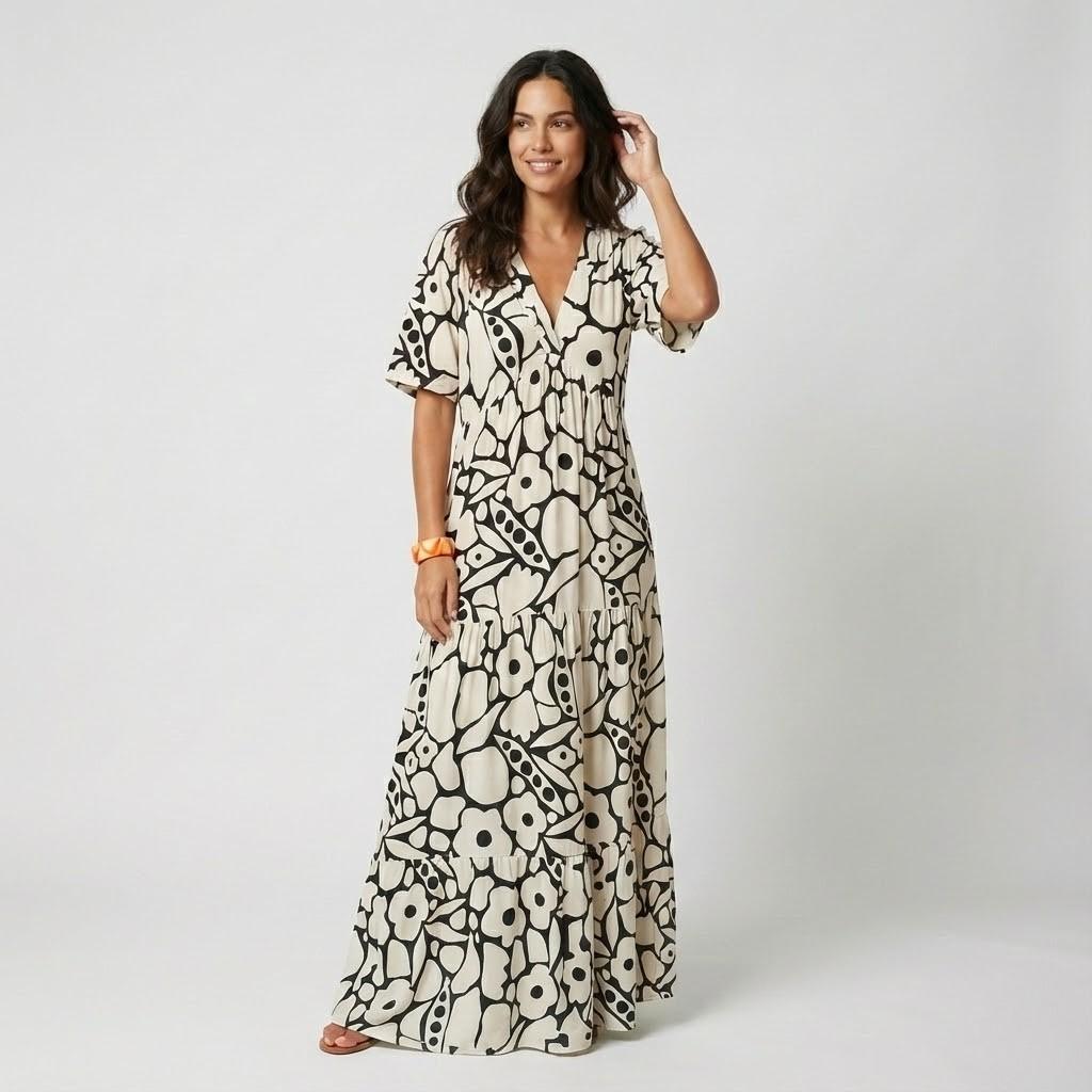 Vestido midi fluido em viscose | Corte solto com decote em V | Frescura de verão
