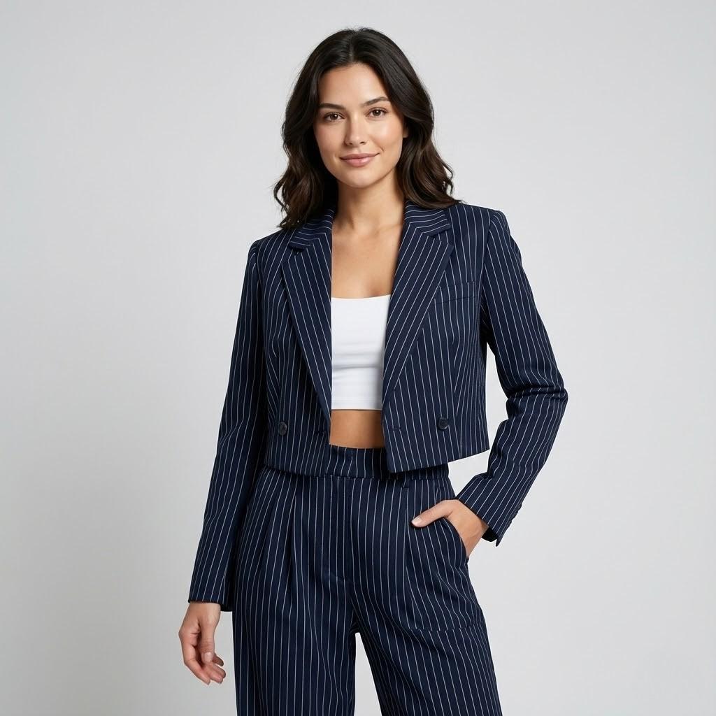 Conjunto Feminino de Blazer e Calças de Alfaiataria às Riscas