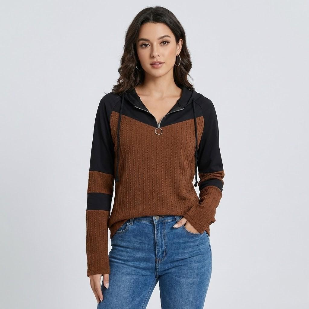 Camisola com capuz em malha texturada | Corte descontraído | Fecho meia-zíper decorativo
