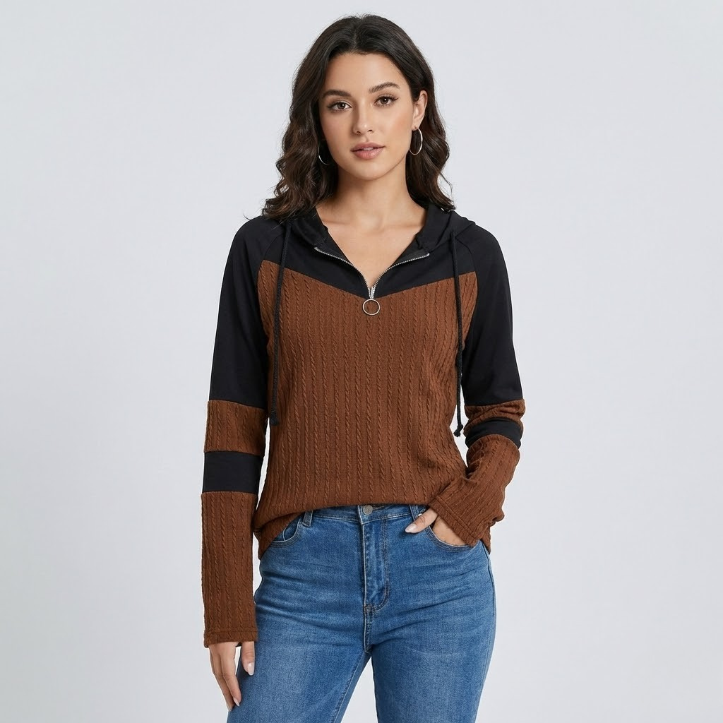 Camisola com capuz em malha texturada | Corte descontraído | Fecho meia-zíper decorativo