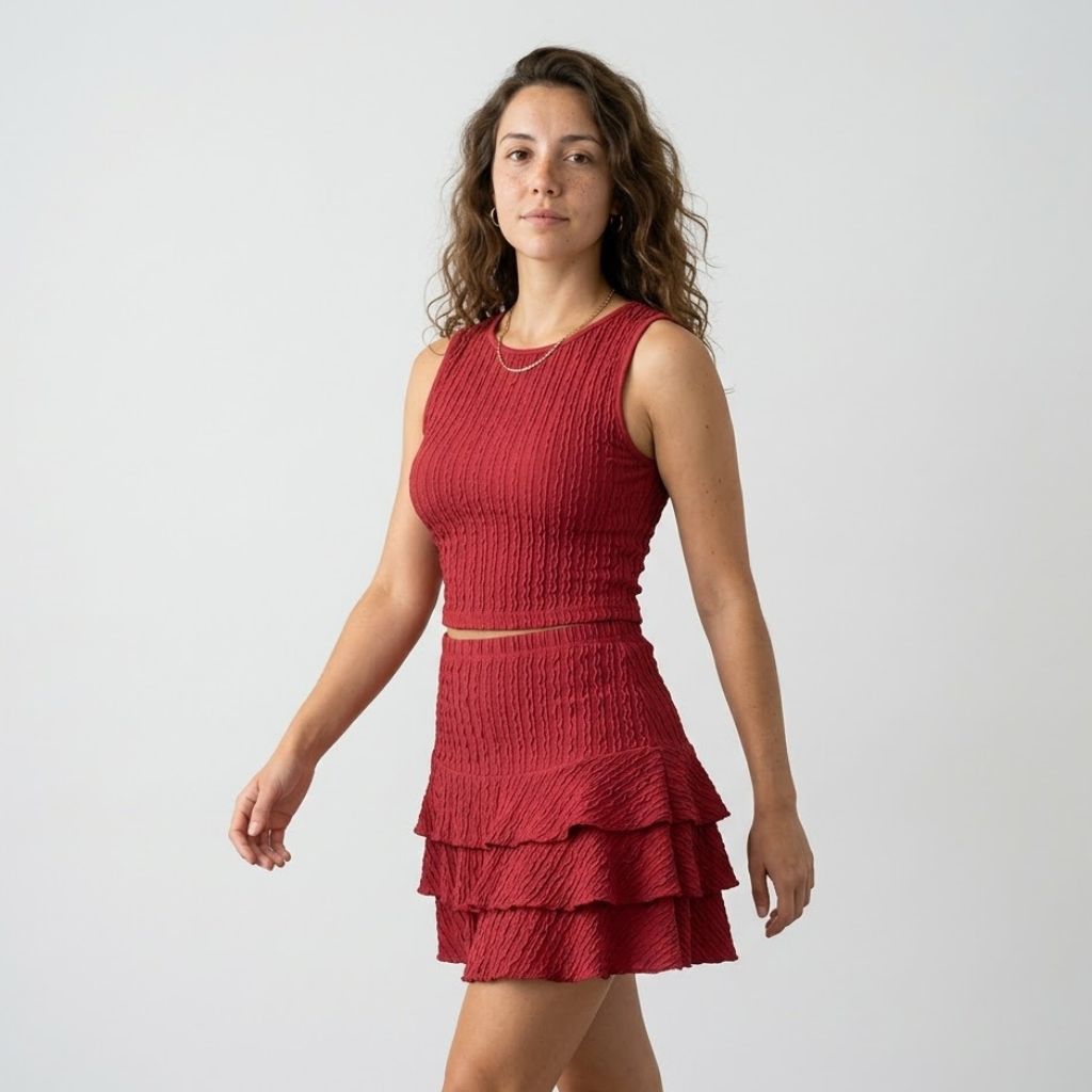 Conjunto Estruturado com Top Ajustado e Saia com Folhos Dinâmicos
