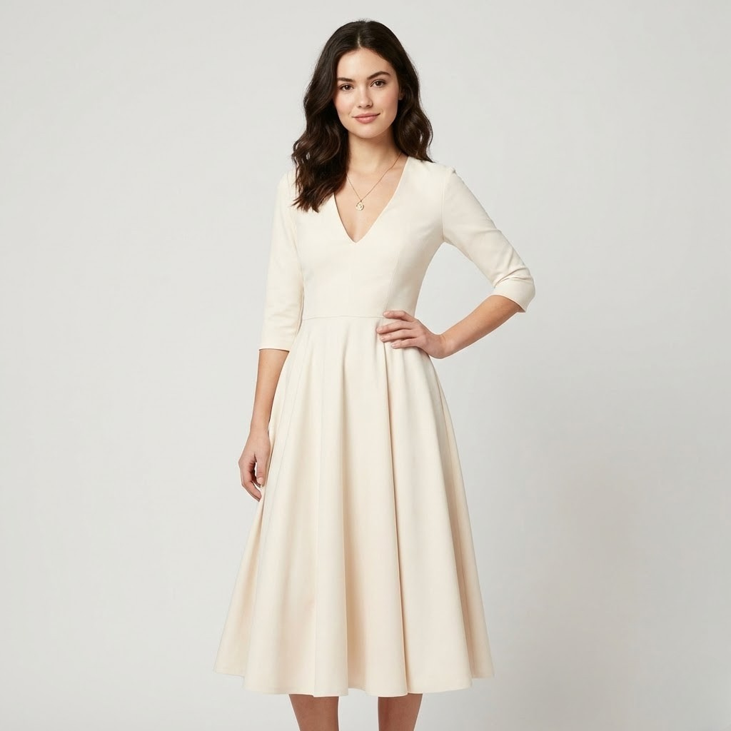 Vestido midi fluido em mistura de viscose | Cintura marcada | Decote em V elegante