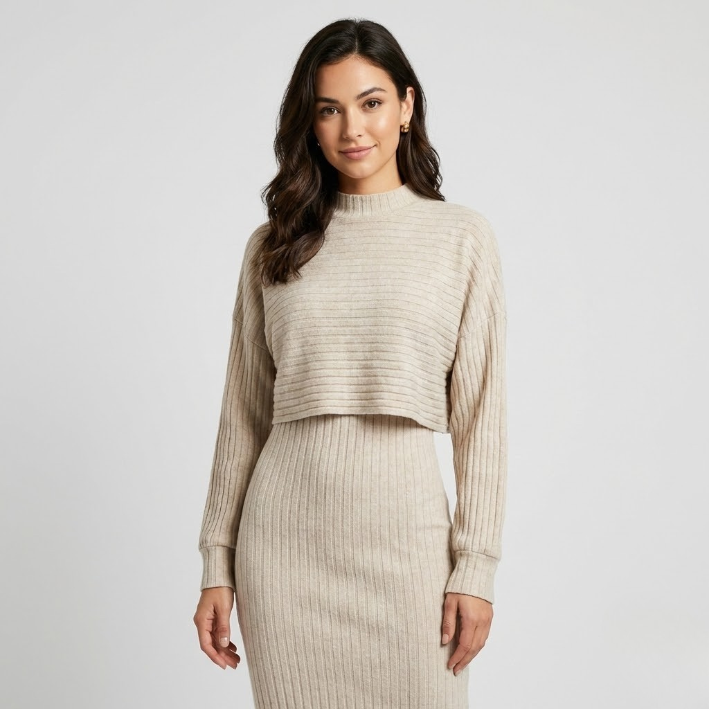 Set elegante em malha canelada | Ajuste feminino | Essencial intemporal