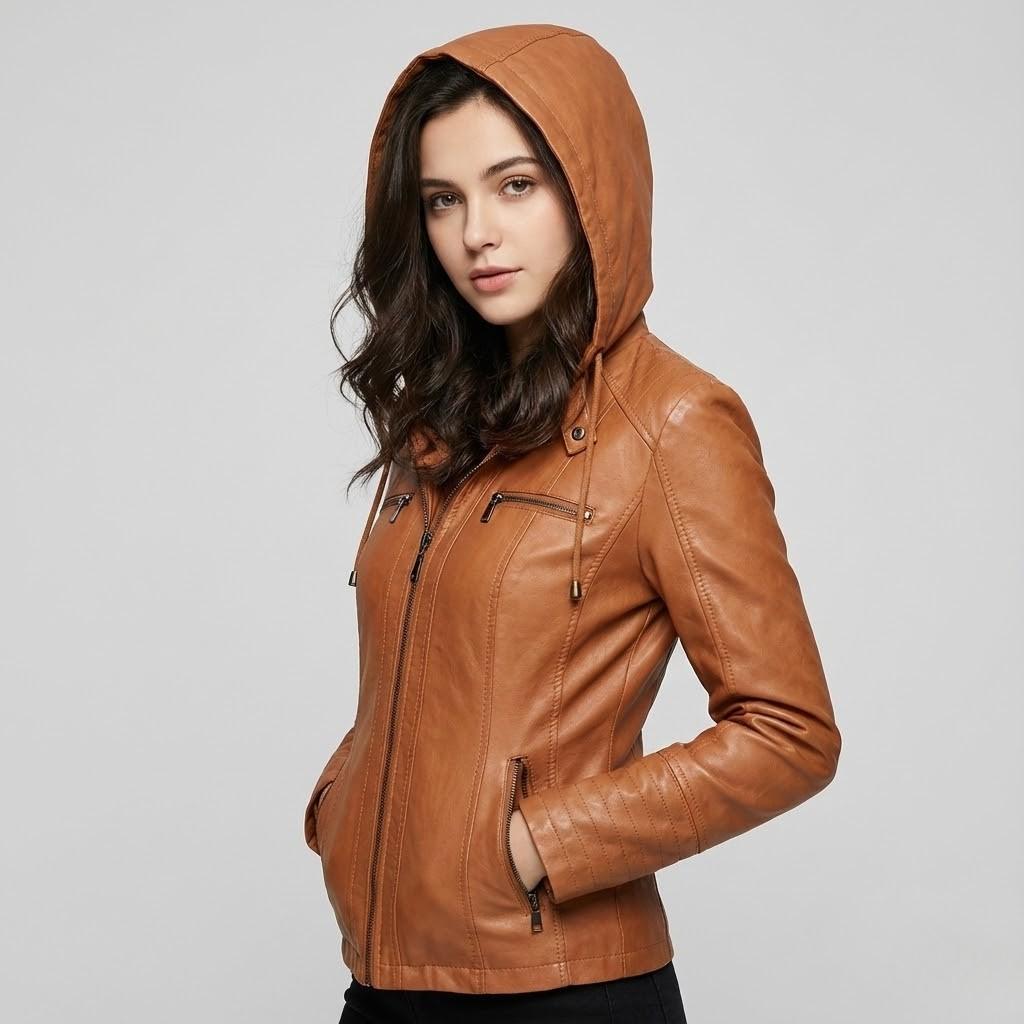 Jaqueta urbana em pele sintética | Corte cintado | Capuz funcional