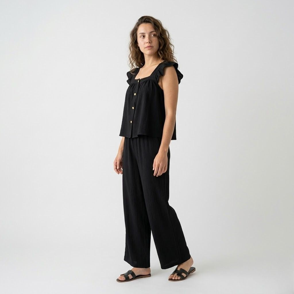 Conjunto Fluido com Top com Folhos e Calça Ampla Confortável
