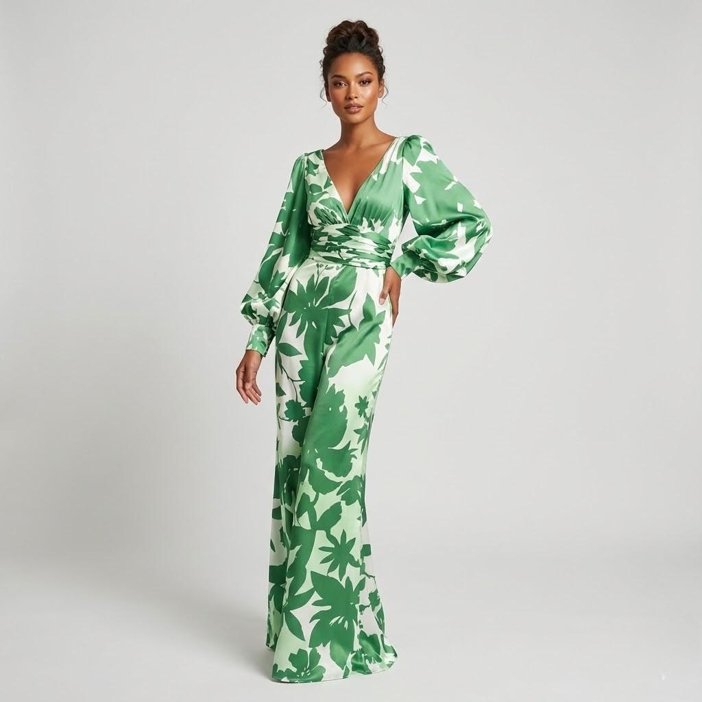 Vestido comprido feminino fluido com decote em V