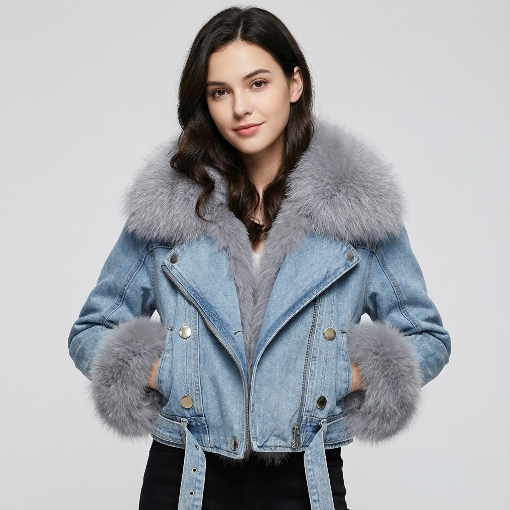 Casaco curto em denim | Corte estruturado | Detalhes em pelo sintético