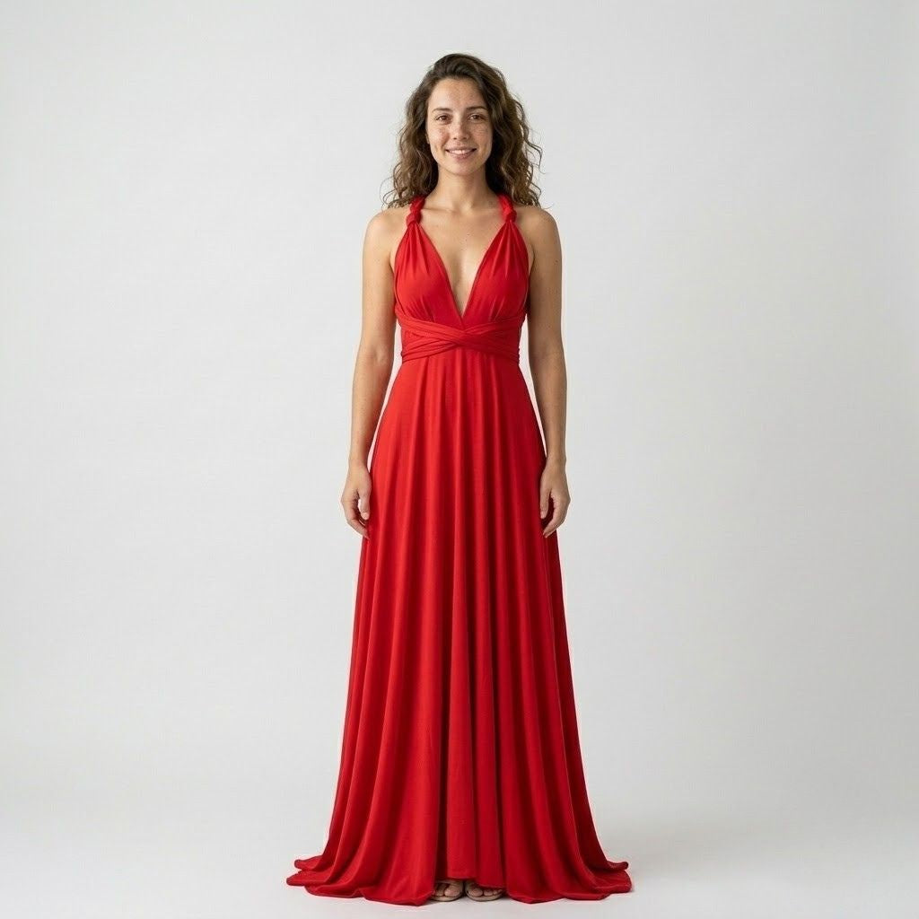Vestido comprido fluido com decote halter e efeito drapeado