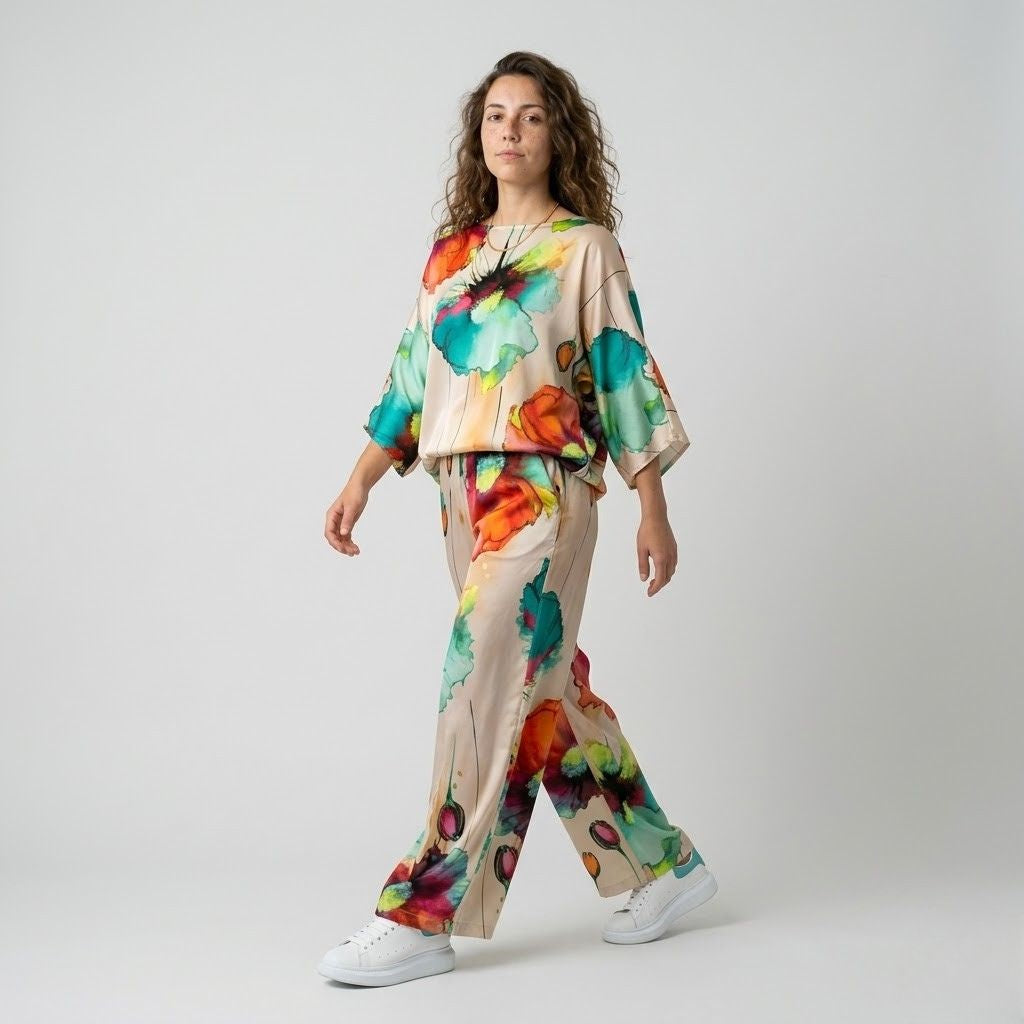 Conjunto Fluido Estampado com Blusa Solta e Calça de Perna Larga