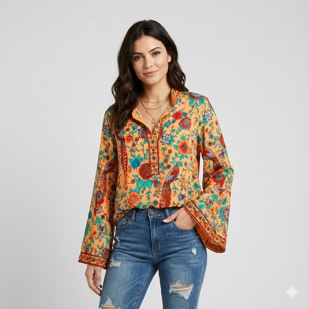 Blusa elegante com padrão floral | Corte fluido | Estilo boémio sofisticado