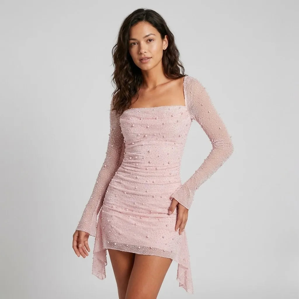 Vestido Mini Ajustado com Brilho | Decote Quadrado | Malha com Aplicações