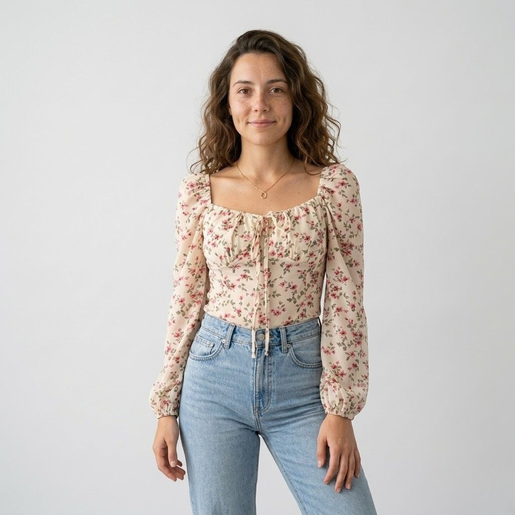 Blusa Ajustada com Decote Franzido e Mangas Volumosas Românticas