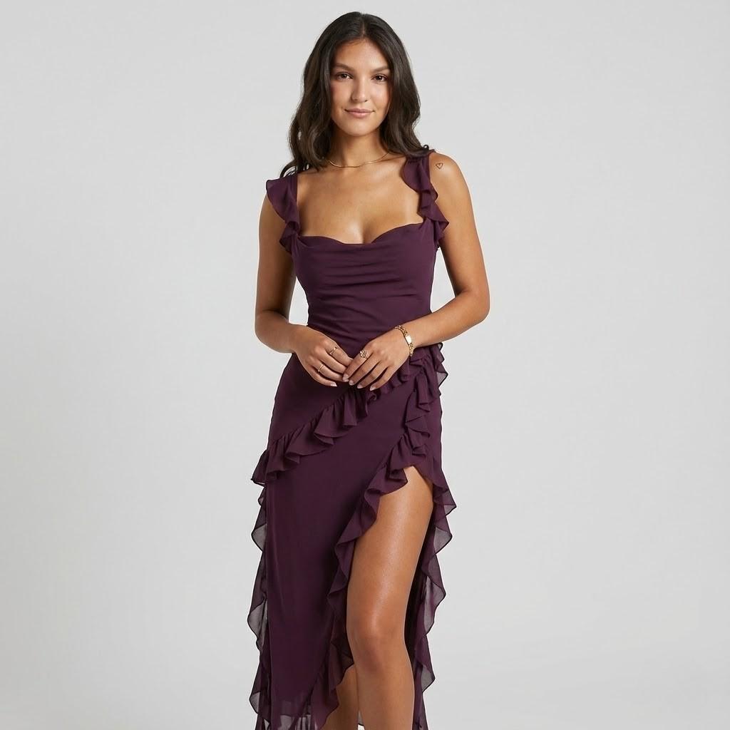 Vestido maxi elegante com alças delicadas | Silhueta fluida | Folhos assimétricos femininos