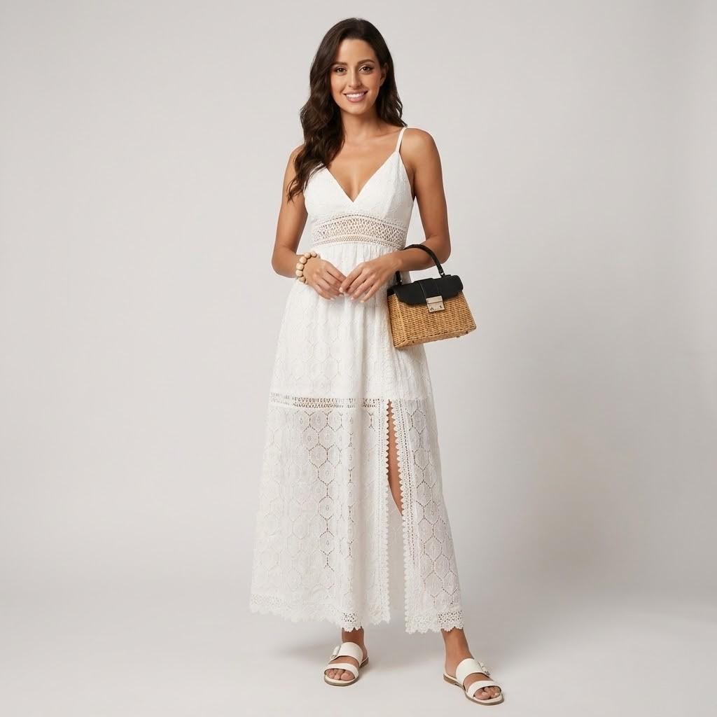 Vestido elegante em renda delicada | Cintura marcada | Silhueta sofisticada de verão