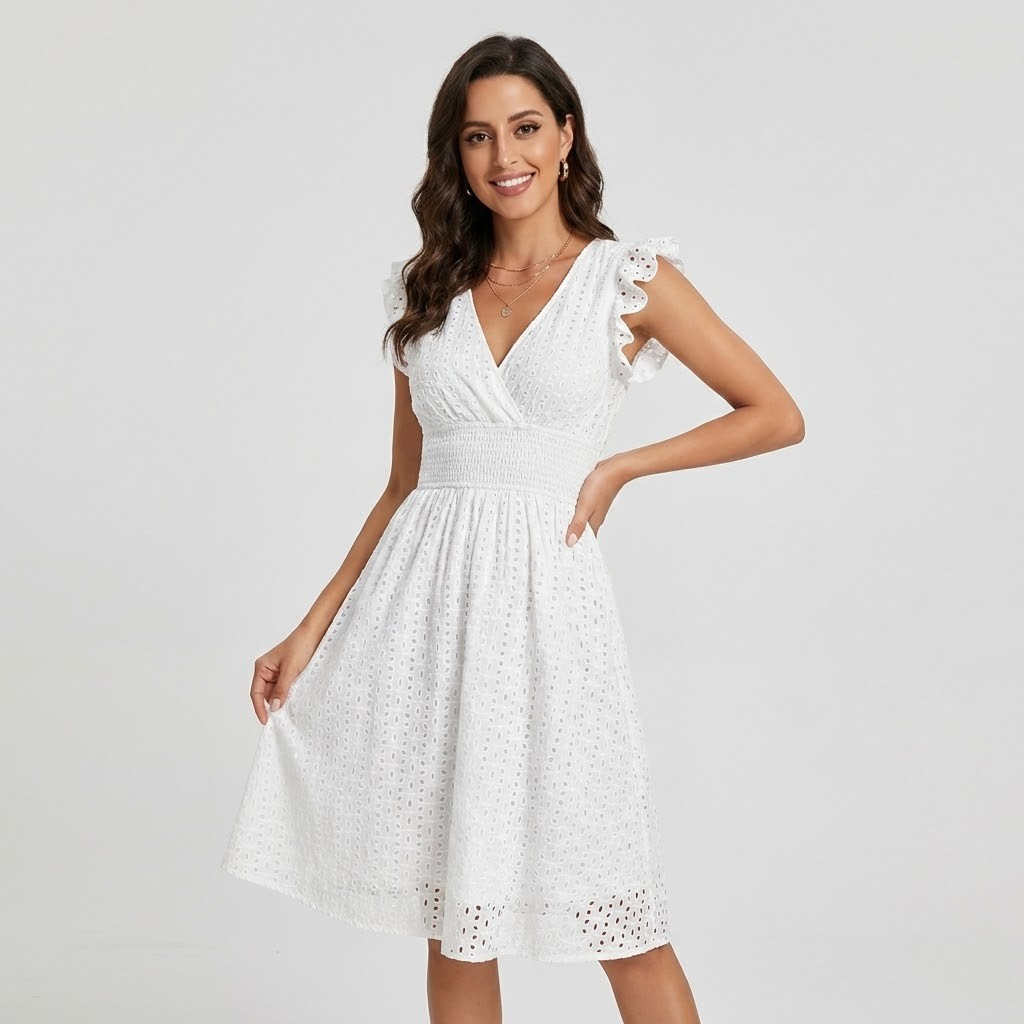 Vestido midi em algodão trabalhado | Cintura marcada | Elegância romântica