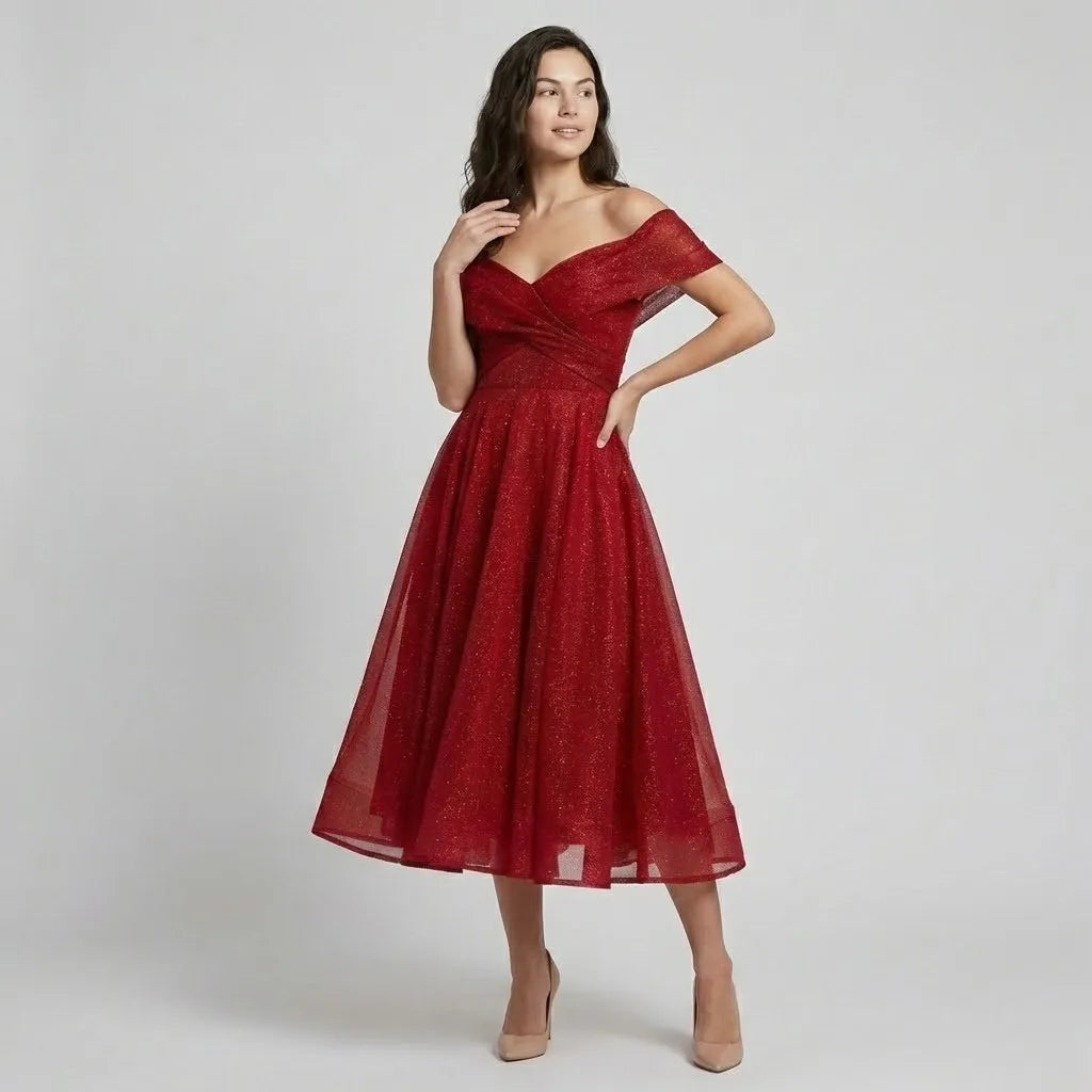 Vestido Midi Rodado | Decote Ombro a Ombro | Organza