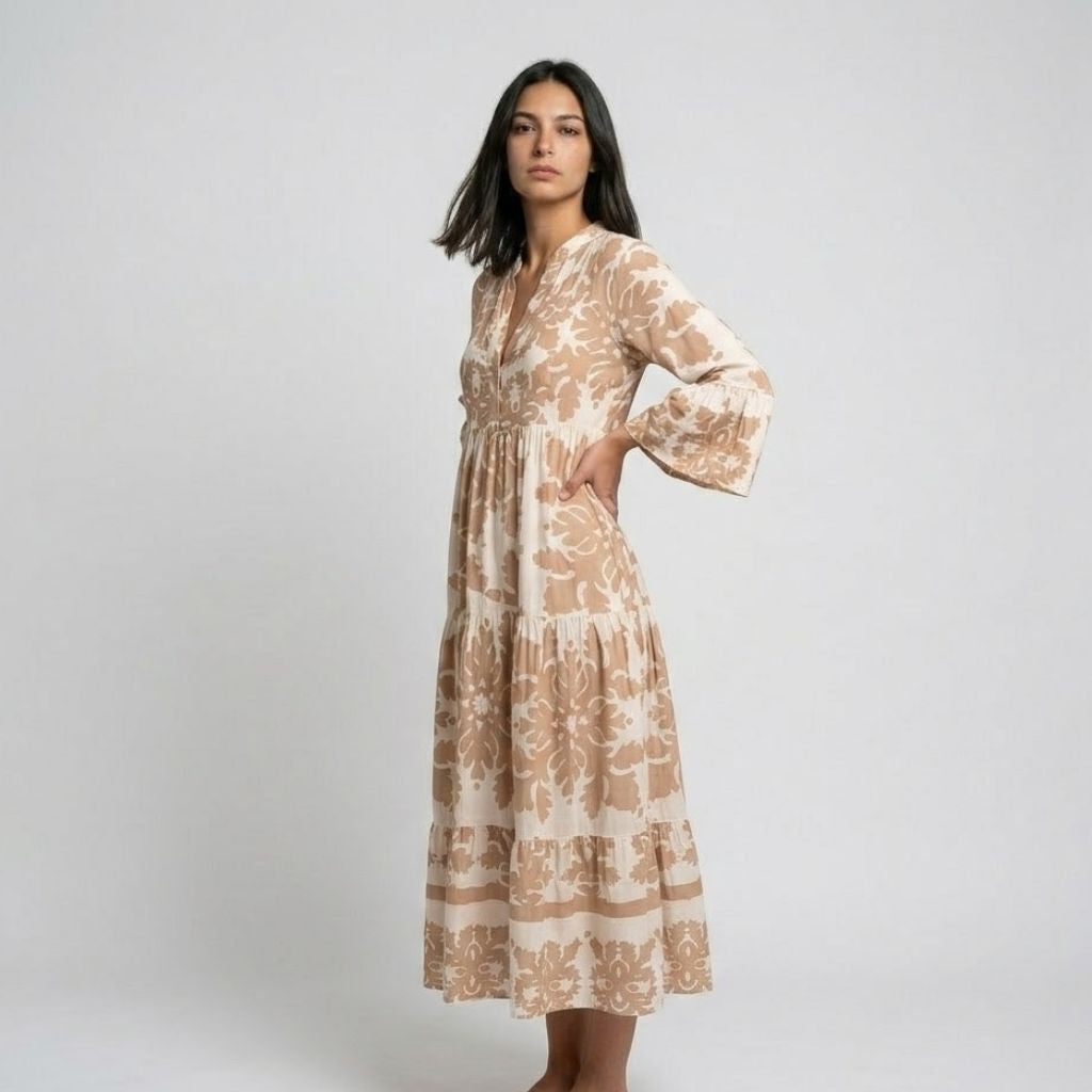 Vestido Comprido Fluido com Decote em V e Movimento Leve