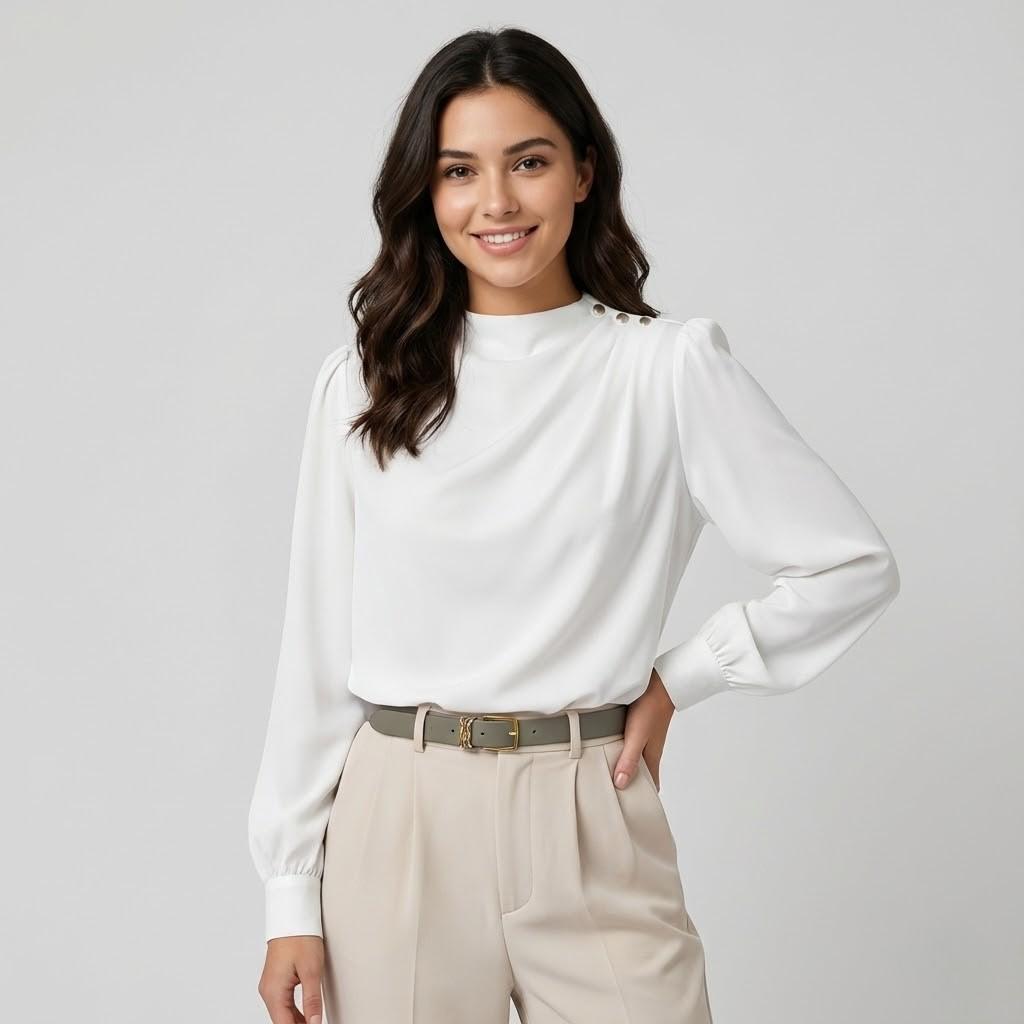 Blusa elegante de tecido fluido | Corte solto | Detalhes drapeados no ombro