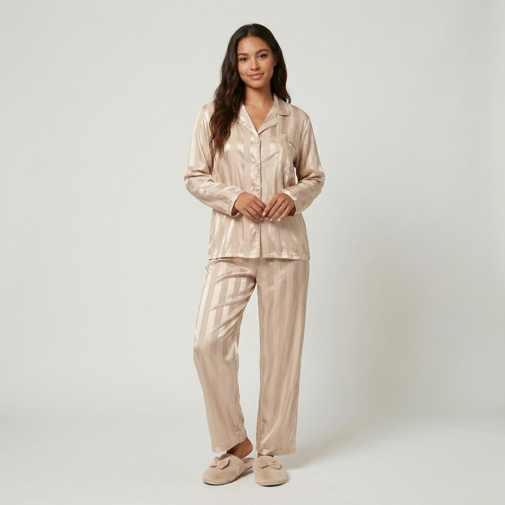 Conjunto pijama acetinado com padrão riscado | Corte fluido | Elegância relaxada