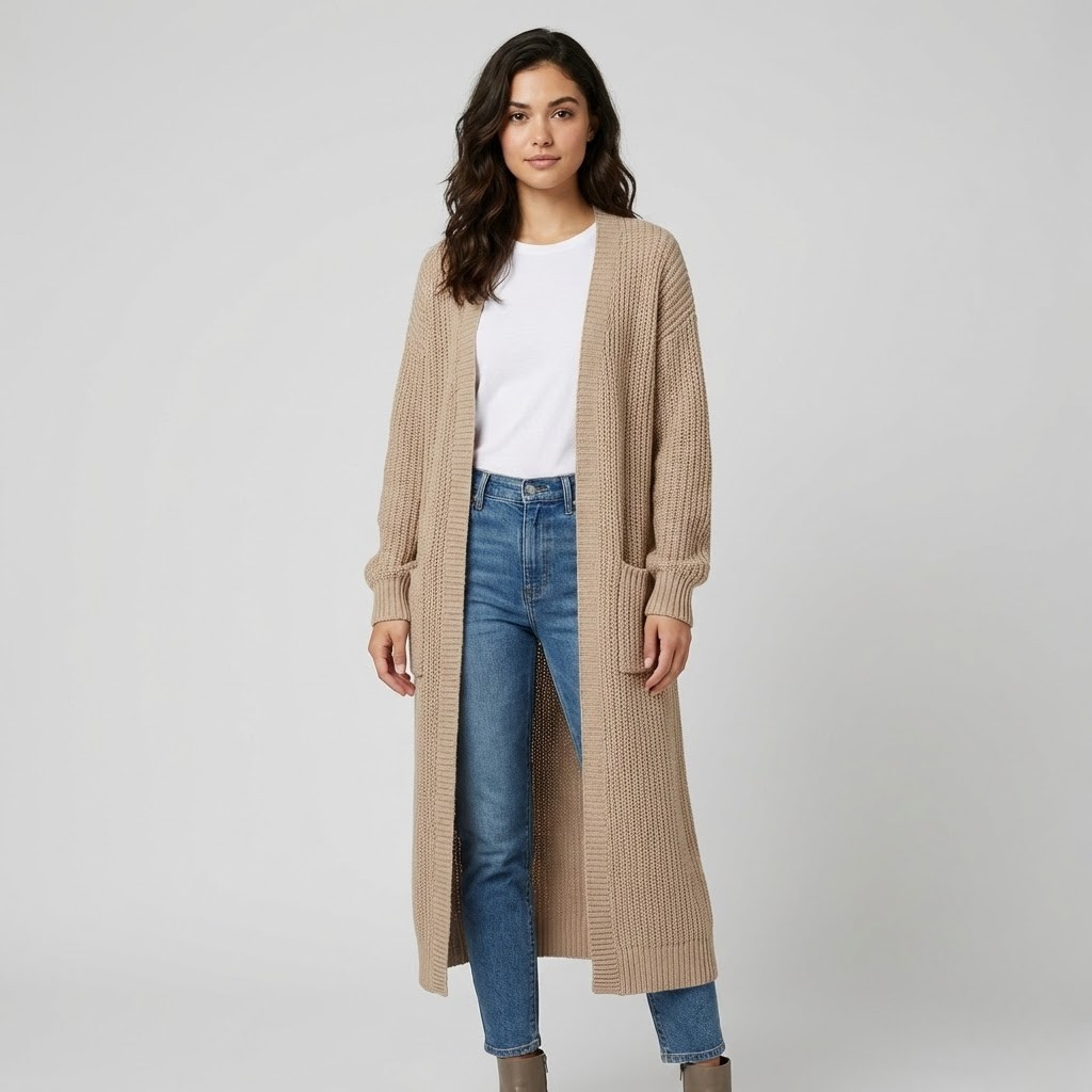 Cardigan longo em malha texturada | Corte solto | Estilo urbano elegante