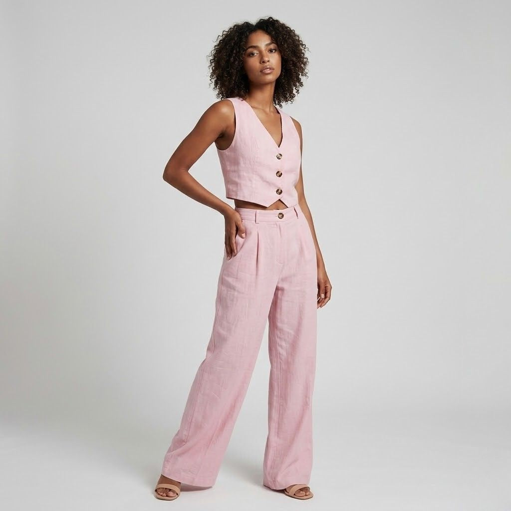 Conjunto Elegante com Colete de Botões e Calças de Perna Larga