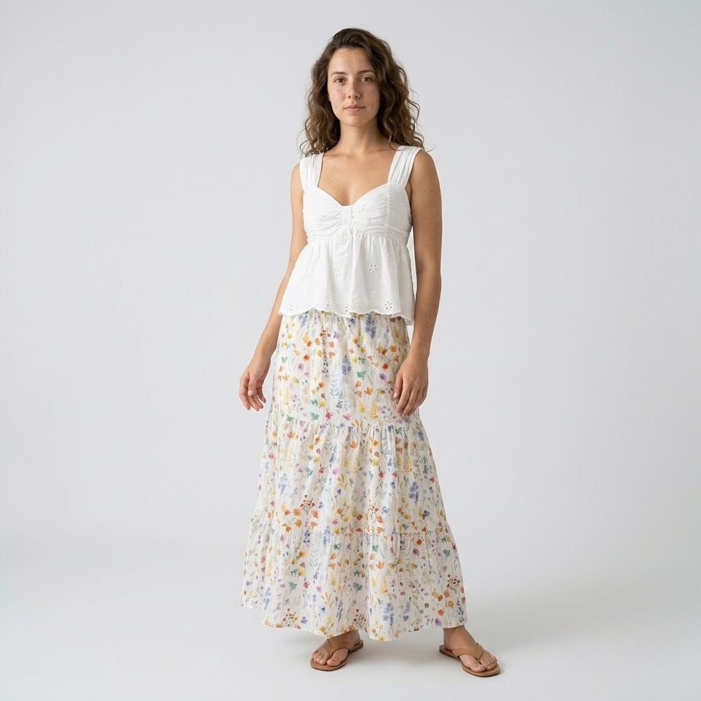 Conjunto Feminino Fluido com Top Estruturado e Saia Comprida Leve