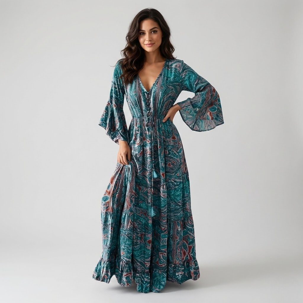 Vestido longo boémio em mistura de viscose | Cintura marcada | Elegância fluida